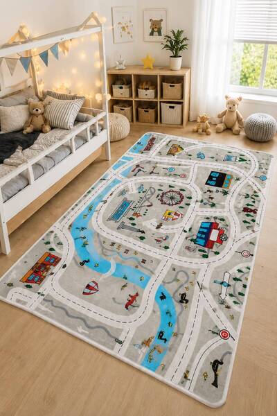 STY Home Trafik Çocuk Oyun Halısı Kaymaz Makinede Yıkanabilir Eğitici Bebek V...