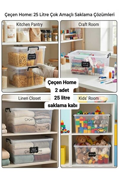 ÇEÇEN HOME 2 Adet 25 Litre Çok Amaçlı Şeffaf Saklama Kabı Seti Kapaklı Organi...