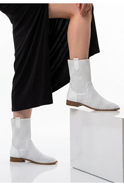 ALFA AKSESUAR 03 Hojda White Laser Cut Leather Heeled Boots