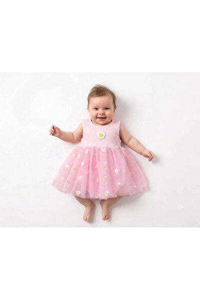 Liloa Kız Bebek Papatyalı Tül Pembe Yazlık Elbise 6-18 Aylık