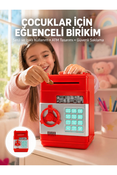 ds llc Şifreli Kırmızı ATM Tasarımlı Çelik Kasa Görünümlü Kumbara