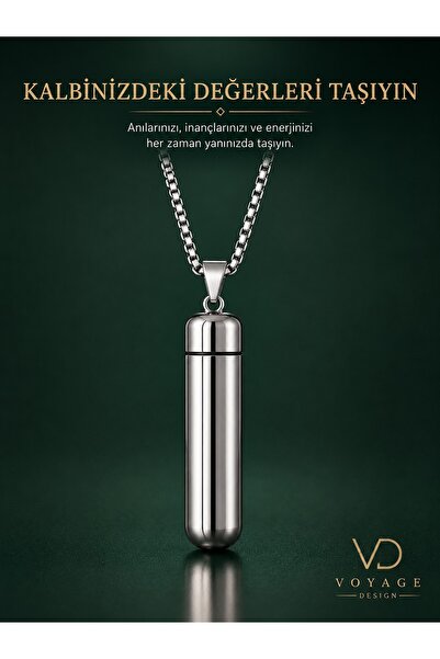 voyageaccessory قلادة على شكل كبسولة أسطوانية من الفولاذ المقاوم للصدأ تحمل ا...