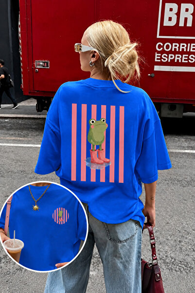 OVER HEAD Women's Striped Frog Printed Oversized T-Shirt