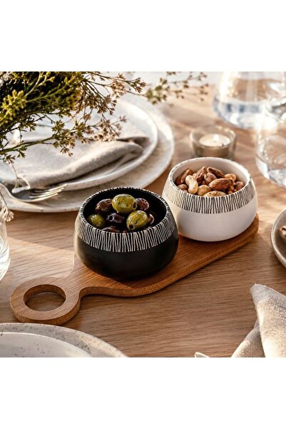 BAMI NETWORK Platou Aperitive din Bambus cu Boluri Ceramice Alb-Negru pentru ...