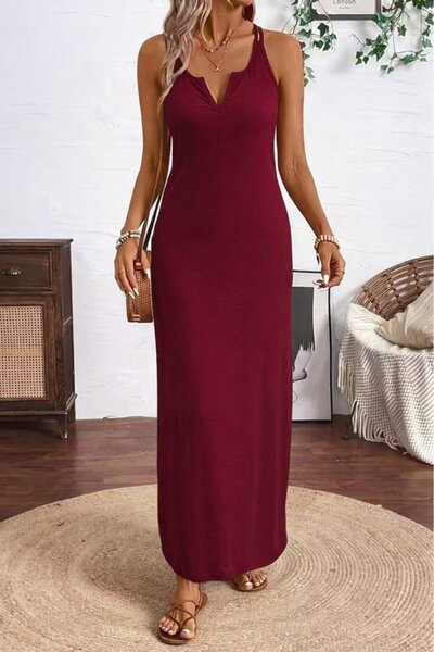 Generic Brand Women's Strappy V-Neck Long Viscose Dress with Side Slits