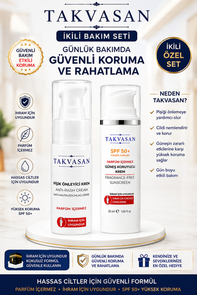 Takvasan İhram Uyumlu İkili Bakım Seti SPF 50+ Güneş Koruyucu Krem ve Pişik Önleyici Krem Parfümsüz