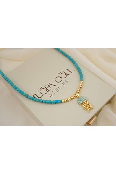 ATELİER TUĞBA Ykl139 Turquoise Beaded Necklace with Sea Anemone Figure