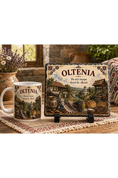 hiperborea Set Cadou Oltenia – Cană Ceramică și Ardezie Naturală Personalizată