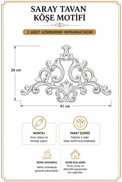 Dekonil Gümüş Duvar Çıtası - Saray Tavan Köşe Motifi 41x26 - 2 Adet