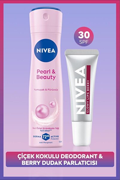NIVEA Kadın Sprey Deodorant Pearl&Beauty 150ml ve Berry Renkli Nemlendirici D...