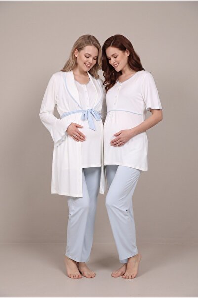 Pelin Women's Blue Flounce Sleeves Adjustable Waist Pajama Set with Dressing ...