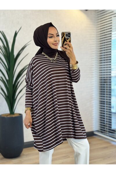 Afili 0723 Wide Striped Tunic Dark Brown