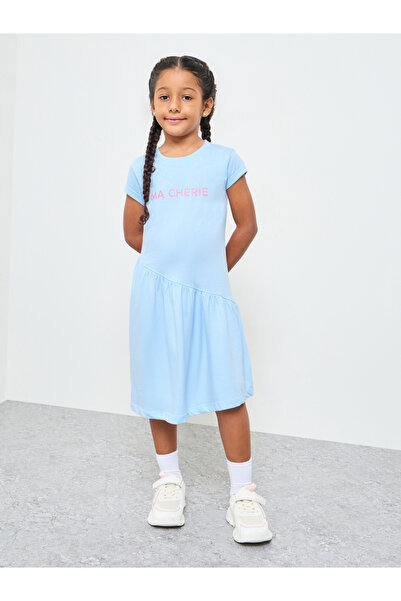 Styli Girls Light Blue Round Neck Cotton T-Shirt Dress