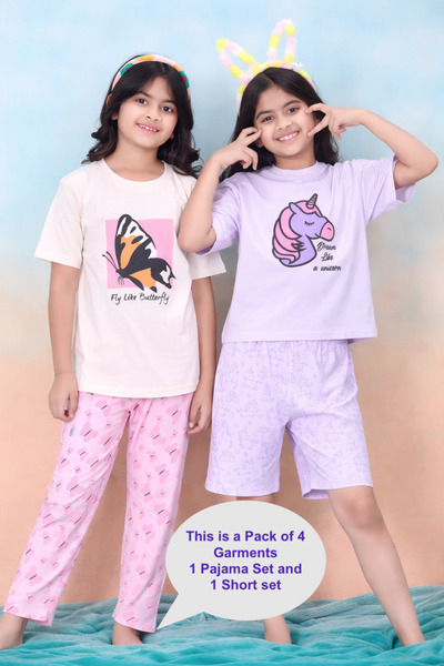 Artemea By Styli Pack of 2 - Girls Graphic Print Pyjama and Shorts Set
