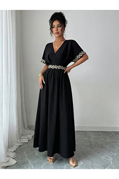 Take Two By Styli Black Short Sleeve Maxi Dress with Gold Trim