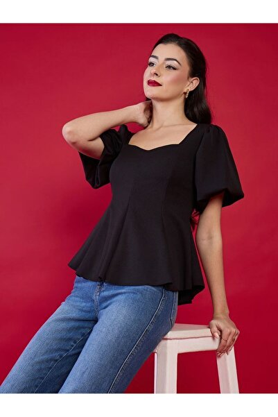 Uptownie By Styli Stretchable Puff Sleeves Peplum Top