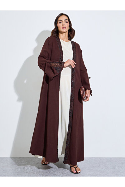 Amirah By Styli Brown Embroidered Open Front Abaya