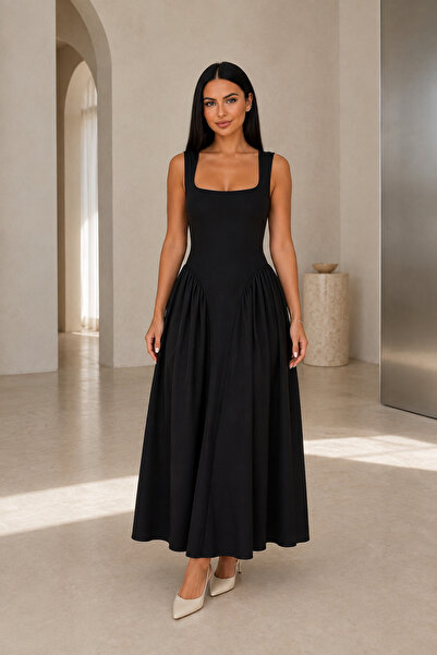 1434 Polo State Women's Black Square Neck Low Waist Gathered Long Dress