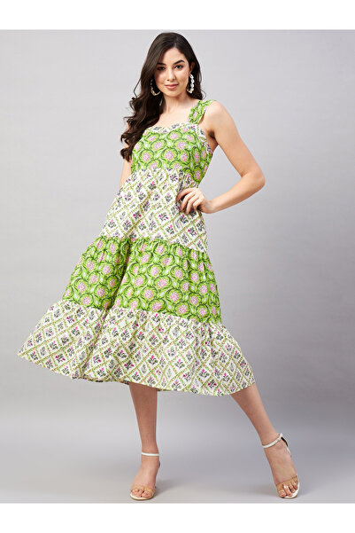 WineRed By Styli Printed Sleeveless Tiered Midi Dress
