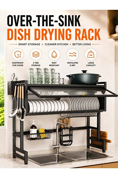 zeetwo Dish Drying Rack Over Sink with Dustproof Flip Cover, 2-Tier Kitchen D...