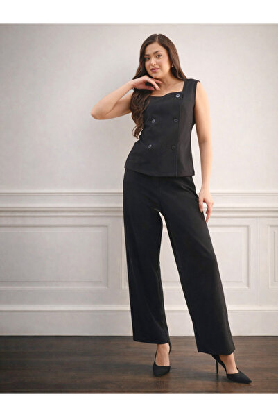Sassafras By Styli Black Sleeveless Button Top And Straight Trousers Co-Ord Set