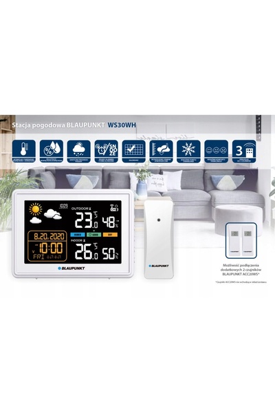 Blaupunkt Stație meteo WS30WH LCD cu reglare luminozitate, ceas, senzor, higr...