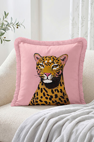 Realhomes Leopard Figured Illustration Patterned Fringed Throw Pillow Cover D...