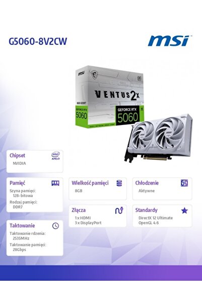 MSI Placă video GeForce RTX 5060 Ventus 2X OC 8GB DLSS 4 Albă