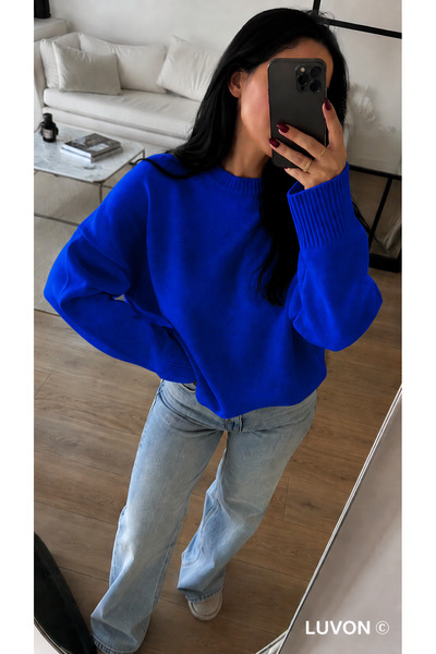 LUVON Saks Blue Crew Neck Oversize Knitwear Women's Sweater