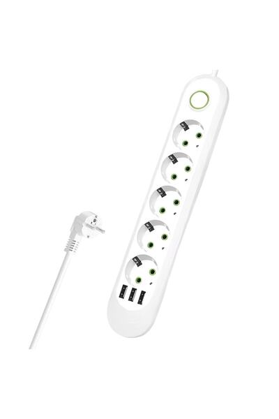 Teno Prelungitor, 5 prize, 3 porturi USB, cablu de 3m, alb
