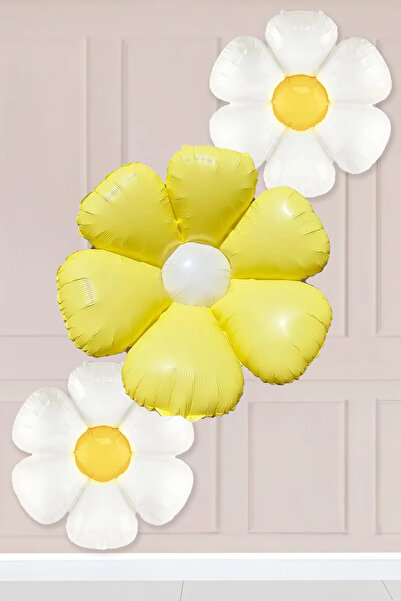 Atölye Mi 2 Small and 1 Macaron Yellow Daisy Foil Balloon Set