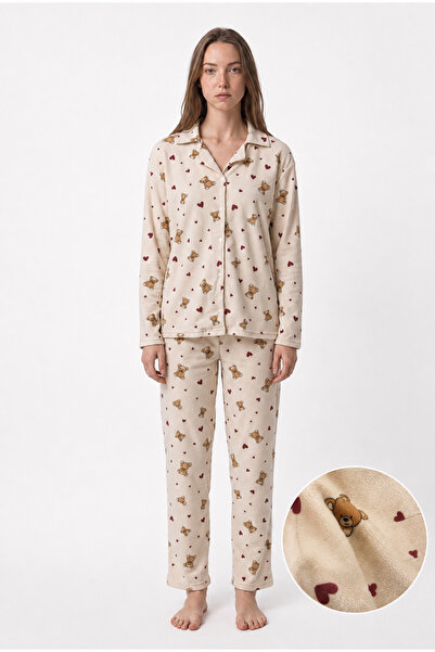 FAMES PİJAMA Women's seasonal suede long sleeve teddy bear pattern pajama set