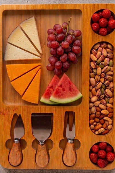 BAROTTİ Wooden Cheese Serving Plate with 6+1 Compartments – 3-Piece Cheese Kn...