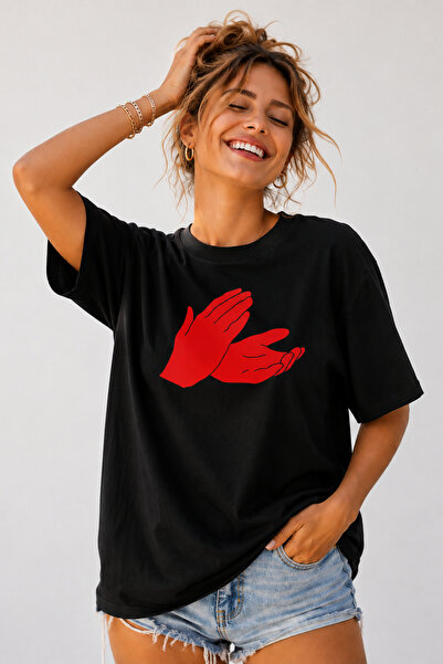 ArtYus Clap Hands Printed Unisex Oversize Beige T-Shirt – Cotton Crew Neck St...