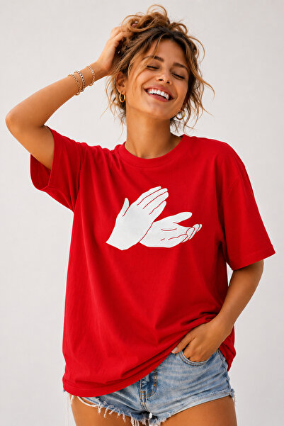 ArtYus Clap Hands Printed Unisex Oversize Beige T-Shirt – Cotton Crew Neck St...