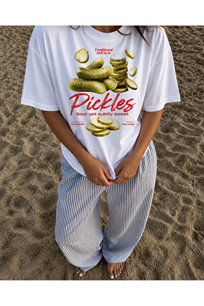 kun inaki Retro Turşu Baskılı Pickle Desenli Beyaz Unisex Tişört