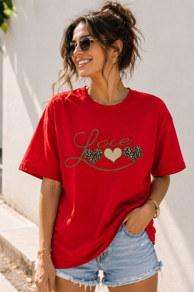 ArtYus Love Text Printed Crew Neck Casual Unisex Oversize T-Shirt - Heart The...