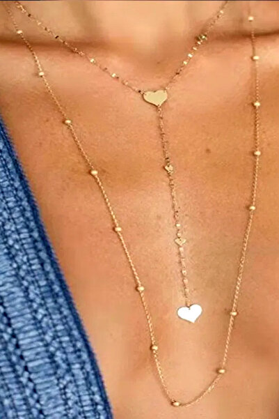 VeeShop Colier minimal multilayer cu 2 lantisoare subtiri, inimioare, banuti ...