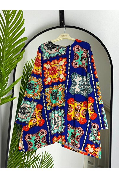 ÖZNE BUTİK Plus size women's 100% cotton patterned bicycle neck combed tunic