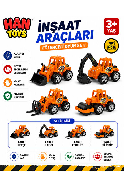 Han toys 4'lü Mini İnşaat Araçları Oyun Seti – Kepçe, Kazıcı, Forklift ve Sil...