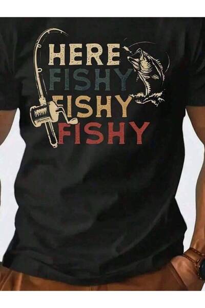 Astogria13 180GSM Men's Retro Fishing Graphic‑Shirt With Here Fishy Print,% C...
