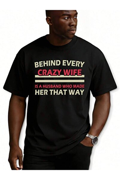 23ERVA قميص رجالي من Behind Crazy Wife برقبة دائرية، قميص أسود فضفاض بتصميم ف...