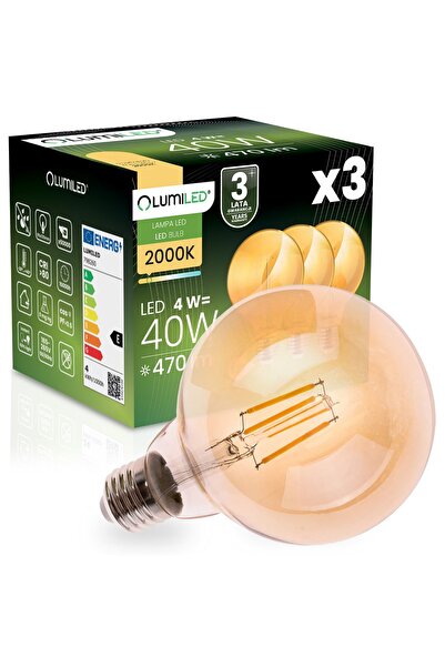 Lumiled 3x Bec LED E27 Glob G95 4W = 40W 470LM 2000K Cald 360 °   Filament de...