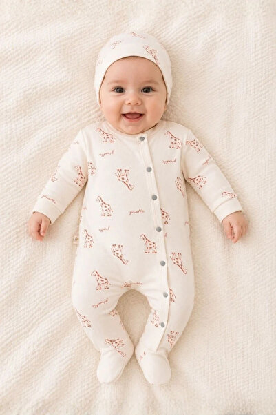 Zürafa Baskılı %100 Pamuk Unisex Bebek Tulum ve Bere 2'li Set
