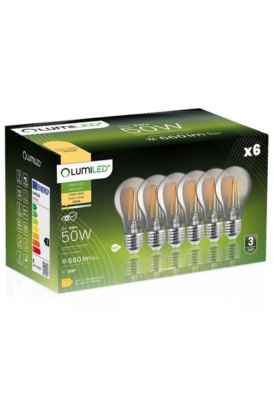 Lumiled 6x Bec LED E27 A60 6W = 50W 660lm 2200K Cald 360 °   FILAMENT FUMURIU