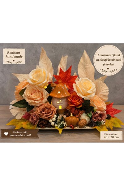 Generic Brand Aranjament floral cu casuta luminoasa si dovleci decorativi.