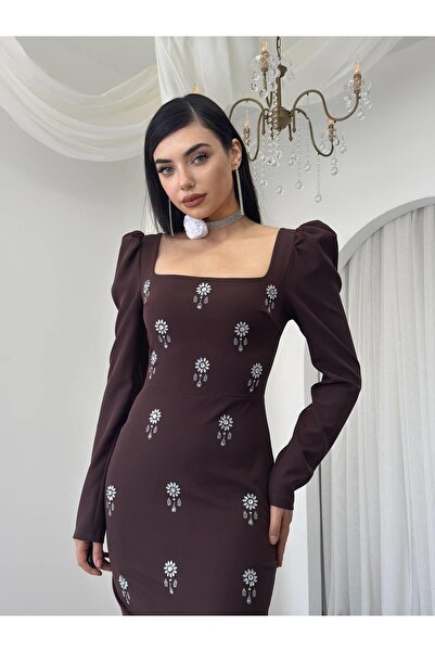 Moda Days Rochie midi de damă, maro, cu detaliu în formă de piatră, cu guler ...