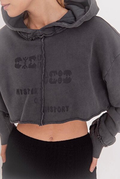 Clothes Fast Women's Anthracite Hooded Printed Oversize Crop Long Sleeve Cott...