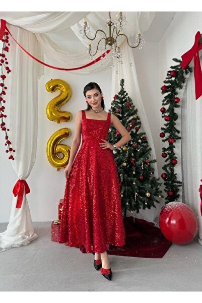 Clothes Fast Women's Red Sequined Square Neck Strap Midi Length Flared Cut Ev...