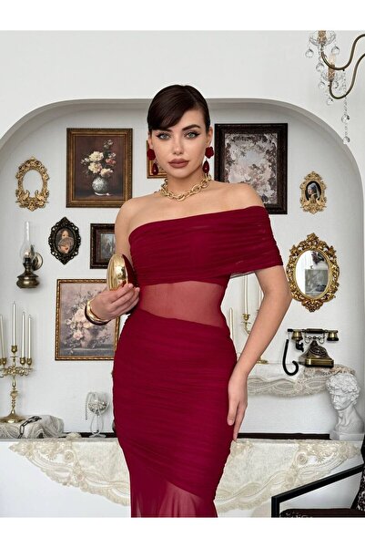Moda Days Rochie de damă din tul burgundy, fără bretele, cu decolteu, cu șnur...